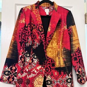 Chico’s Statement Blazer Red Black Gold Tapestry Print Jacket Size 1